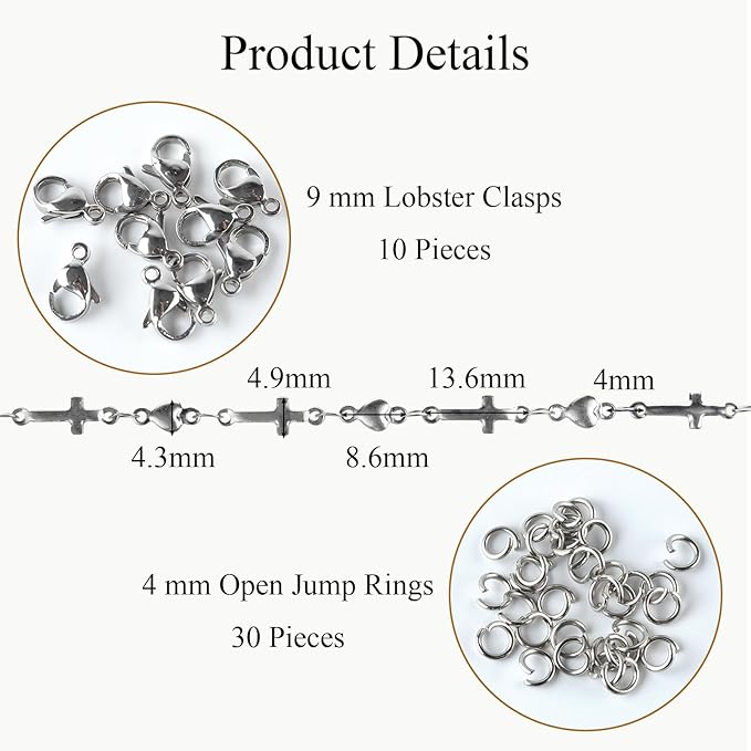 Jabogrii 4 Meters Cross Heart Chain Bulk Stainless Steel Chain for Jewelry Making Silver DIY Craft Jewelry Making Supplies