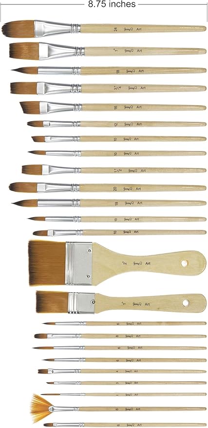 24 Pcs Artist Paint Brush Set with Free Carry Pouch for Watercolor, Acrylic, Oil and All Media, Suitable for Canvas, Paper, Ceramic, Golden Nylon Hair, Wood Handles JQ-B24