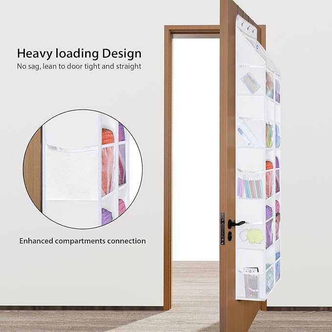 Univivi 6 Tiers Hanging Yarn Storage Organizer, Large Knitting Organizer with 12 Deep Clear Pockets & 10 Mesh Side Pockets, Over The Door Yarn Holder for Crochet Hooks, Knitting Needles, White
