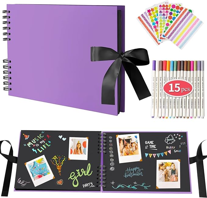 EVNEED Scrapbook Photo Album DIY Scrap Book Black Pages for Wedding Guest Book Anniversary Valentines Day Gifts with 15 Marker Paint Pens,80 Pages,Purple (40 Sheets)
