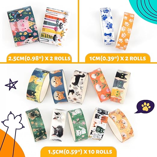 Washi Tape Set 14 Rolls, Cute Animal Decorative Tape, Cats Puppies Pugs Designs Washi Tapes for Scrapbooking Supplies, Journaling Supplies, Crafts