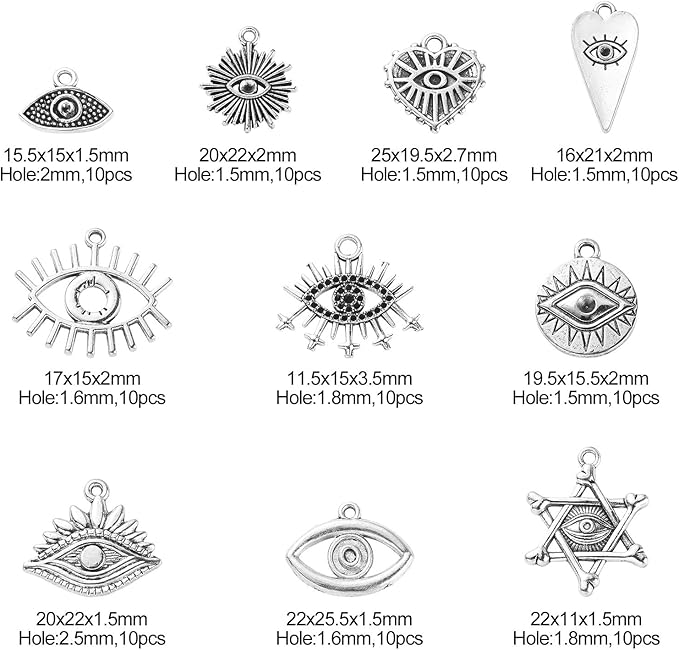DanLingJewelry 100Pcs 10 Styles Evil Eye Charms Antique Silver with Sun Heart for DIY Jewelry Making, TIBEP-CJ0002-05-CHH