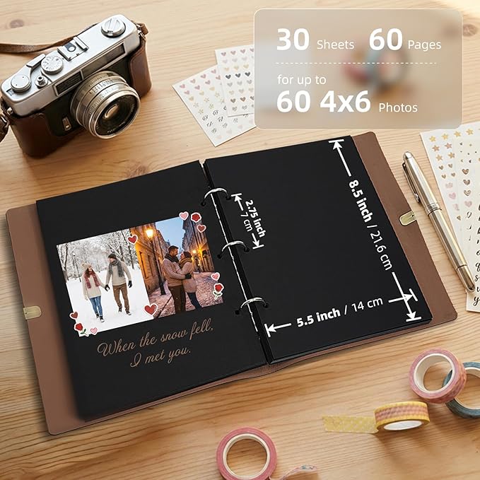 Vienrose Photo Album Scrapbook Kit, 3 Ring Faux Leather Cover DIY Memory Book Kraft Paper with 30 Sheets 60 Pages, Vintage Scrapbooking Supplies Set for Wedding, Anniversary, Valentine Gifts, Black