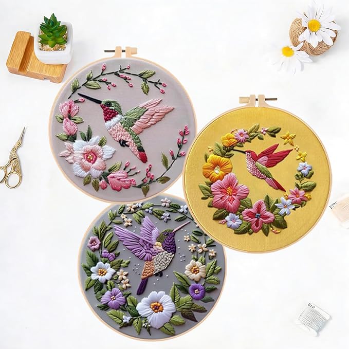 LB 3 Pack Hummingbird Flower Embroidery Kit for Beginners Funny Simple Beginner Embroidery Kit for Adults DIY Starter Kit with Embroidery Hoop Colorful Threads Tools Step by Step Instructions