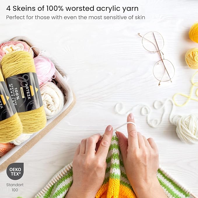 ARTEZA Acrylic Yarn for Crocheting, 4 x 200-g Skeins of Worsted Yarn for Knitting, Hello Sunshine A102, Knitting & Crochet Supplies