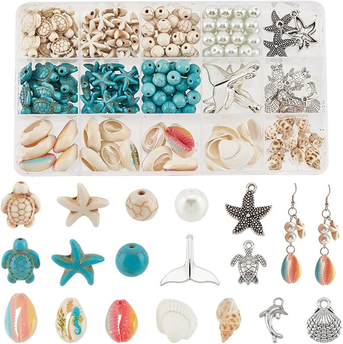 PH PandaHall 208pcs 15 Styles Summer Beach Beads Sea Shell Beads Sea Star Pendants Tortoise Charms Ocean Animal Spacer Beads for Bracelets Earrings DIY Jewelry Making Home Decor Macrame