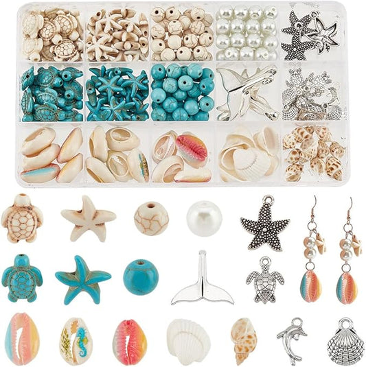 PH PandaHall 208pcs 15 Styles Summer Beach Beads Sea Shell Beads Sea Star Pendants Tortoise Charms Ocean Animal Spacer Beads for Bracelets Earrings DIY Jewelry Making Home Decor Macrame