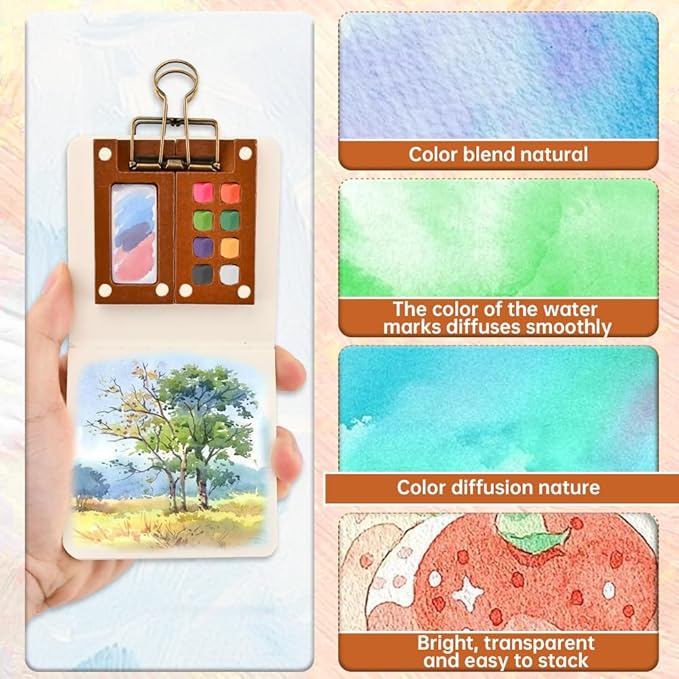 Pocket Artist Watercolor Travel Set, Mini Watercolor Palette Collection(8 Grids), Portable Kit Paint, Brush, Sketchbook & Copper Clip for Artists, Outdoor Sketchers & Beginners