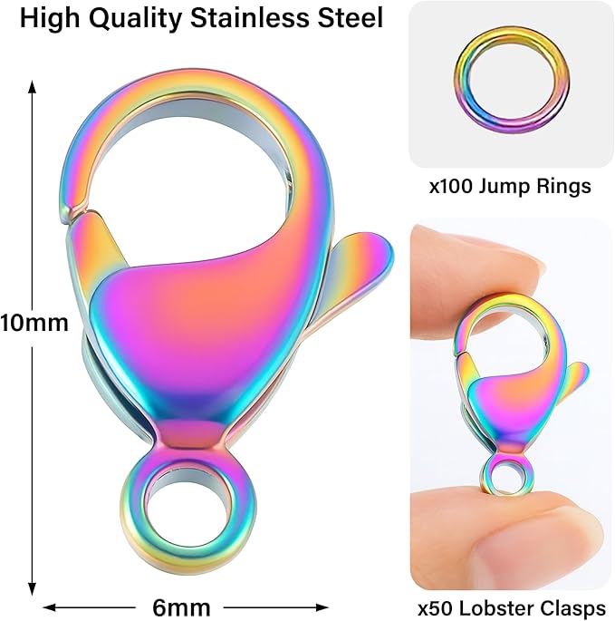 Mandala Crafts 10mm Rainbow Stainless Steel Lobster Clasps for Jewelry Making - 50 PCs SS Lobster Claw Clasps with Jump Rings Jewelry Findings Kit for Necklaces Bracelets Charms Fasteners