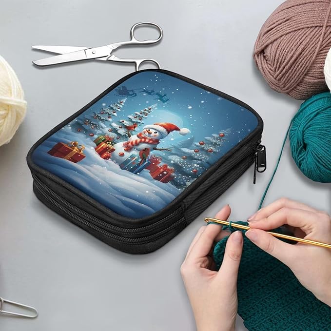 Hechitok Christmas Tree Snowman Empty Crochet Hook Case Portable Travel Crochet Storage Bag Organizer Zipper Bags with Web Pocket and Crochet Holder Slots for Crochet Knitting Accessories