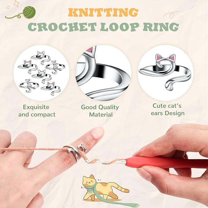 6pcs Knitting Crochet Loop Ring for Fingers Metal Open Yarn Guide Crochet Rings Adjustable Braided Faster Knitting Thimbles Holders Accessories for Crochet Mother Grandma Gifts
