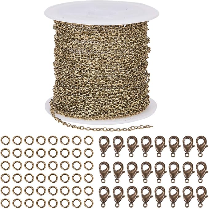 SUNNYCLUE DIY 33 Feet Antique Bronze Curb Cable Chain Link Necklace 1.5x2mm Links with 30 Brass Lobster Claw Clasps and 100 Brass Jump Rings Antique Bronze Jewelry Making Chain for Bracelet Necklace