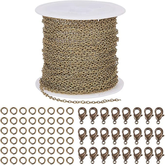 SUNNYCLUE DIY 33 Feet Antique Bronze Curb Cable Chain Link Necklace 1.5x2mm Links with 30 Brass Lobster Claw Clasps and 100 Brass Jump Rings Antique Bronze Jewelry Making Chain for Bracelet Necklace