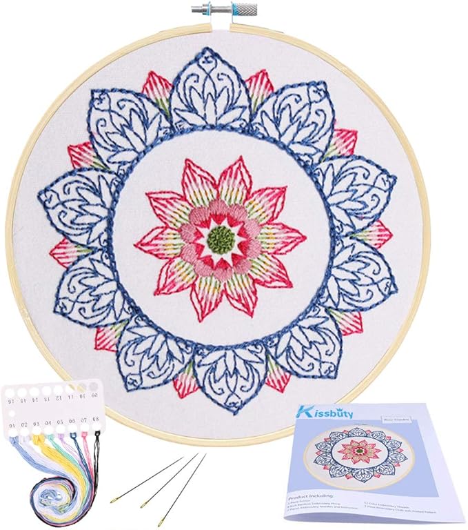 KISSBUTY Full Range of Embroidery Starter Kit with Pattern, Cross Stitch Kit Including Embroidery Fabricwith Floral Pattern, Bamboo Embroidery Hoop, Color Threads and Tools Kit (Blue Mandala)