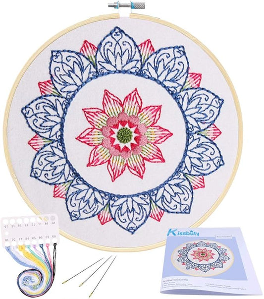 KISSBUTY Full Range of Embroidery Starter Kit with Pattern, Cross Stitch Kit Including Embroidery Fabricwith Floral Pattern, Bamboo Embroidery Hoop, Color Threads and Tools Kit (Blue Mandala)