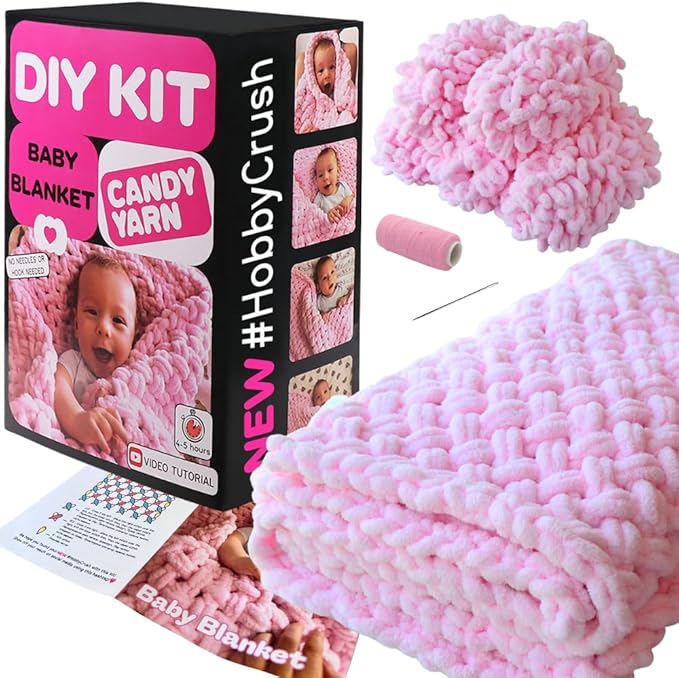 Beginner Craft Kit – Easy Loop Yarn Baby Blanket Kit for Adults & Kids, DIY Arm Knitting Kit with Soft Chenille Yarn, Perfect Handmade Gift (Pink)