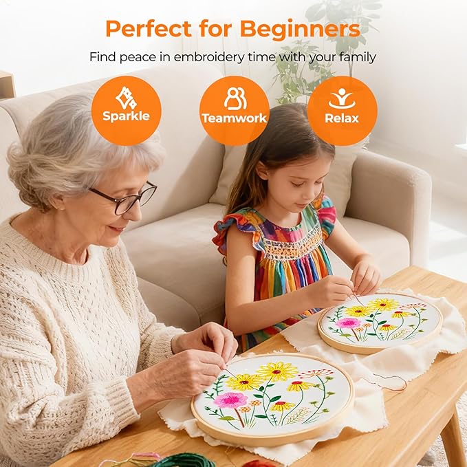 HTVRONT Sparkling Bead Embroidery Kit for Beginners- 3 Sets Flower Embroidery Kits with Step by Step Stitch Video & Instructions, Starter Embroidery with 12 Stitches for Christmas Gifts for Woman