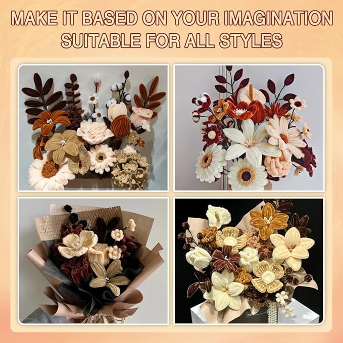 985-Pipe Cleaner Flower Making Kit - 600 Pieces Brown Coffee Beige White Green Chenille Stems with Stamens, Floral Wire & Tape, DIY Rose Sunflower Bouquet Craft Set, Complete Flower Kit