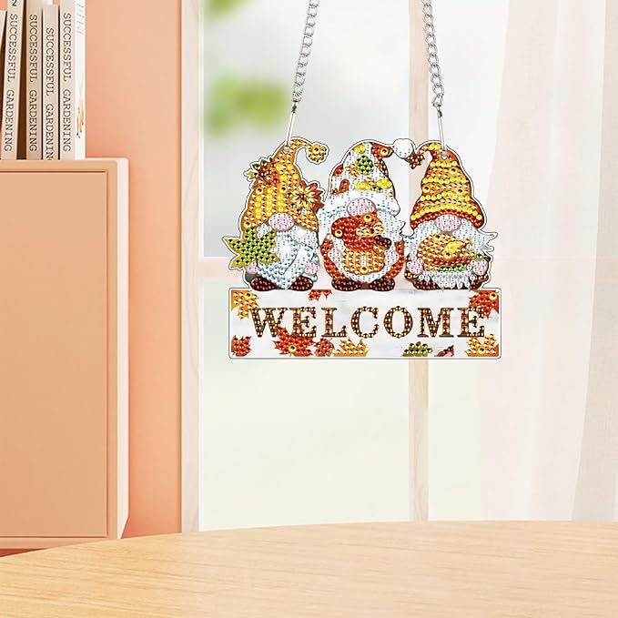 AiYuanzsh Autumn Gnome Diamond Painting Hanging Sign, 5D DIY Acrylic Crystal Rhinestone Diamond Art Kit Pendant, Welcome Fall Decor for Door, Wall or Porch