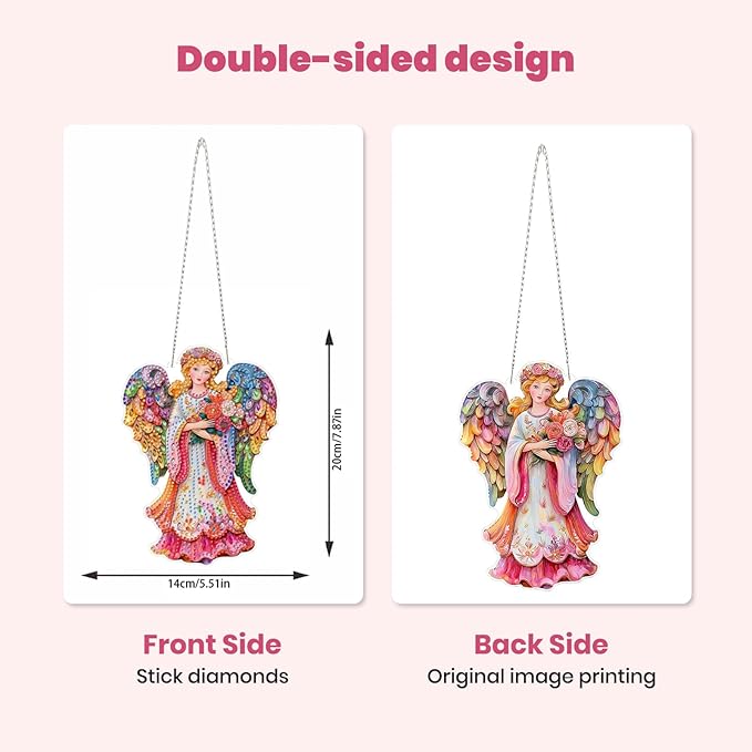 MXJSUA Pink Floral Angel Diamond Art Hanging Kits for Adults Beginners, Acrylic 5D Special Shaped Crystal Diamond Gem Art Painting Hanging Ornament for Home Wall Decor and Gift