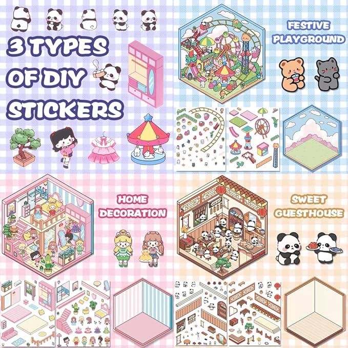 Scrapbooking Supplies Kit,DIY 3D Stickers Scene,3 Set Funny DIY Sticker Scenes,Make Your Own Cute 3D Miniature Room Scene Stickers for Adults Relief Stress Pass The Time.4-5-6