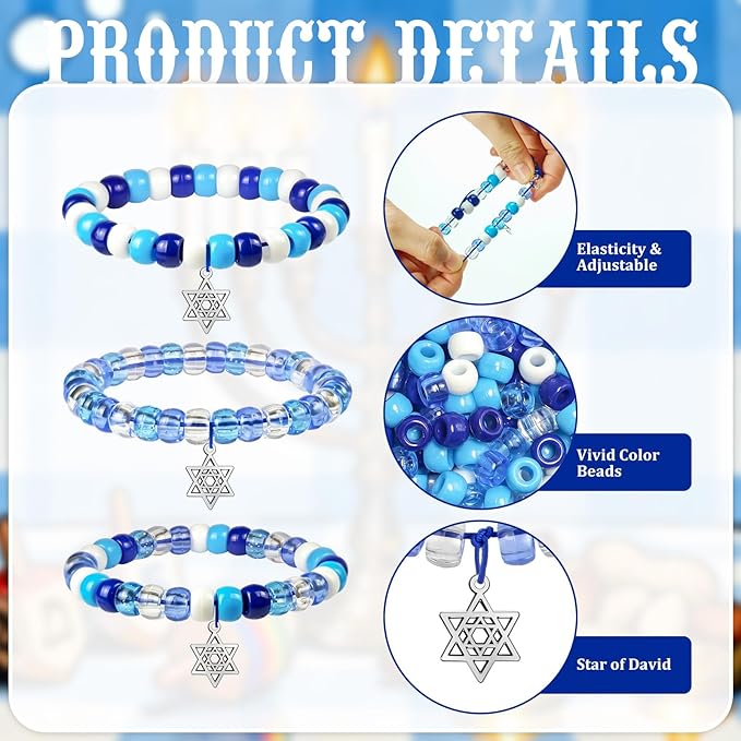 Cinrobiye 24 Set Hanukkah Beaded Bracelets Crafts Kit Bulk DIY Chanukah Beaded Stretch Wristband Craft Kit Festival of Lights Jewelry Making Kit Gifts for Winter Jewish Holiday Party Favors Supplies