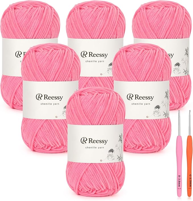 Skinny Chenille Yarn for Crocheting - 6 Pack of 50g/1.76oz - Soft Thin Chenille Yarn - Baby Weights CYC #2, Gentle for Baby Blankets, Plush Toys & Wearables - 951yd Total (Camellia Pink)