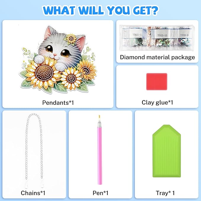 Bowetile Hanging Diamond Art Cat Kits for Adults, 5D Special Shape Diamond Painting Sunflower Kits, Animal Diamond Gem Art Suncatchers Painting Pendant Ornament for Home Garden Wall Decor