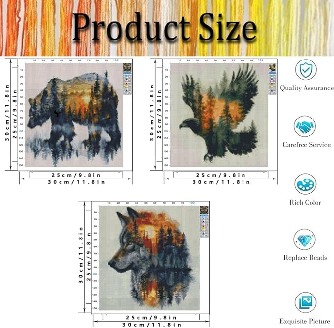 3 Pack Stamped Cross Stitch Kits for Adults - Cross Stitch Kits for Beginners,11 CT Animal Forest Cross Stitch Patterns Dimensions DIY Counted Cross Stitch Kits for Adults Arts Craft 12x12 inch
