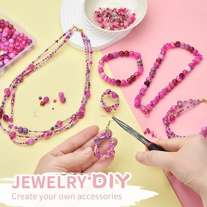 Rired 27 8mm Round Glass Beads Kit, Craft Beads for Bracelet Making, Hot Pink Color with 4mm Bicone Crystal Beads, 2-4mm Spacer Seed Beads for Jewelry Making, Necklace, Phone Charms, DIY Earrings