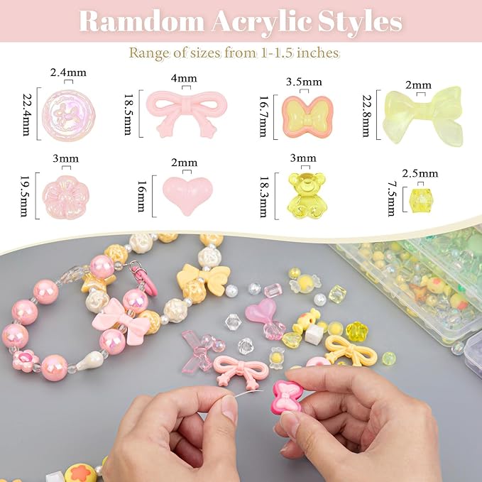 LAIDANLA Pink and Yellow Assorted Acrylic Beads for Bracelets Jewelry Making, Aesthetic Cute Beads Flower Star Heart Bow Butterfly Bear Candy Random Mix Beads for DIY Necklace Keychain 160g