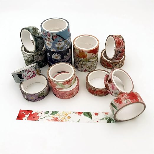 Floral Washi Tape Set 20 Rolls 15mm Wide Flower Decorative Paper Tapes for Scrapbooking, Journal, Planner, DIY Crafts, Gift Wrapping
