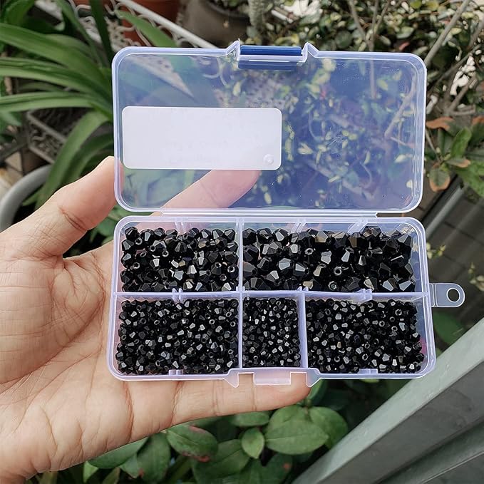 Black Bicone Glass Beads for Jewelry Making, Faceted Crytal Spacer Beads for Bracelet Necklace Earring (3mm 4mm 6mm 8mm Mixed Sizes, 1040pcs)