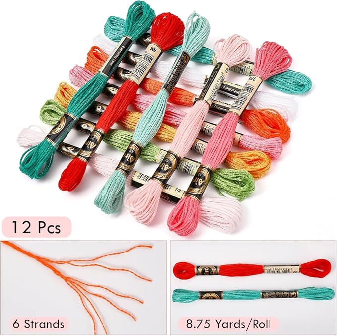 12 Skeins 105 Yards Embroidery Floss Thread Variegated Cross Stitch String 6 Strands Green Red Orange Friendship Bracelet Threads for Jewelry Making Bracelet Knitting Stitching Craft Supply