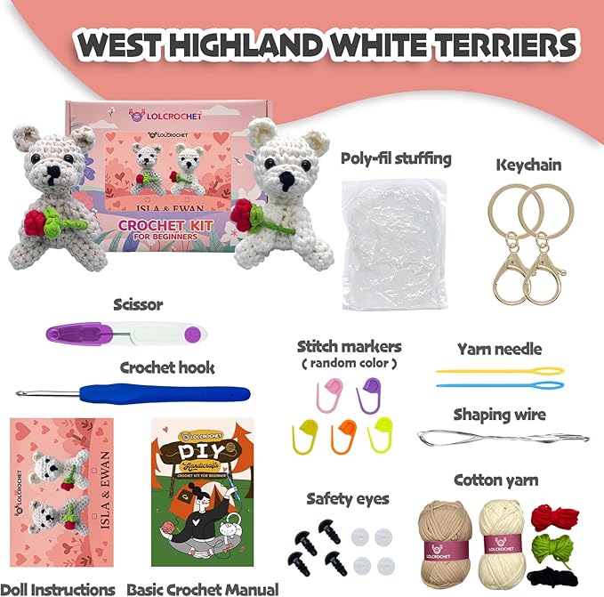Crochet Kit for Beginners, Learn Crochet Animal Kit, Include Video Tutorial & Manual, Easy Knitting Yarn for Adult & Kid 12+, DIY Valentine's Holiday Gift Idea(2pcs Westie Puppy)