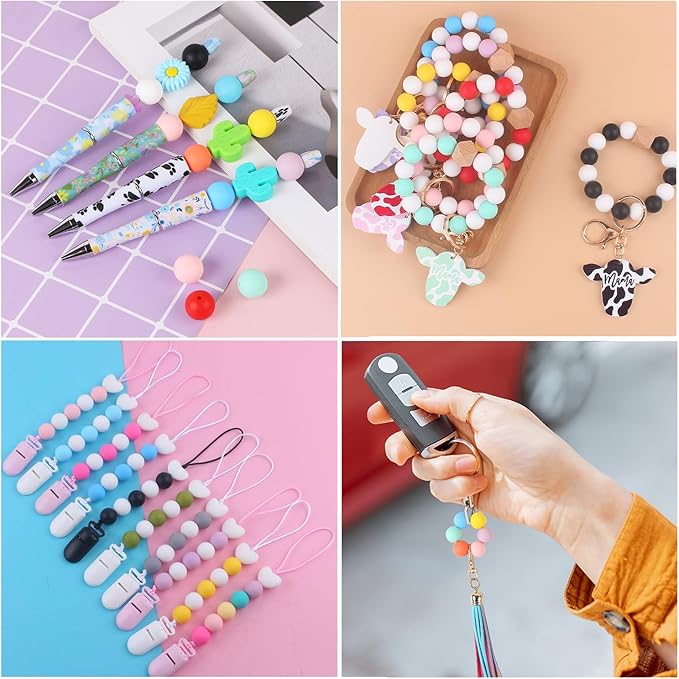 110 Pcs Silicone Focal Beads, EVERMARKET 15mm Silicone Beads for Keychain Making, Round Silicone Beads Bulk with Bottle, Rubber Loose Beads for Pens Crafts Necklace Bracelet Lanyard (Pink Green)