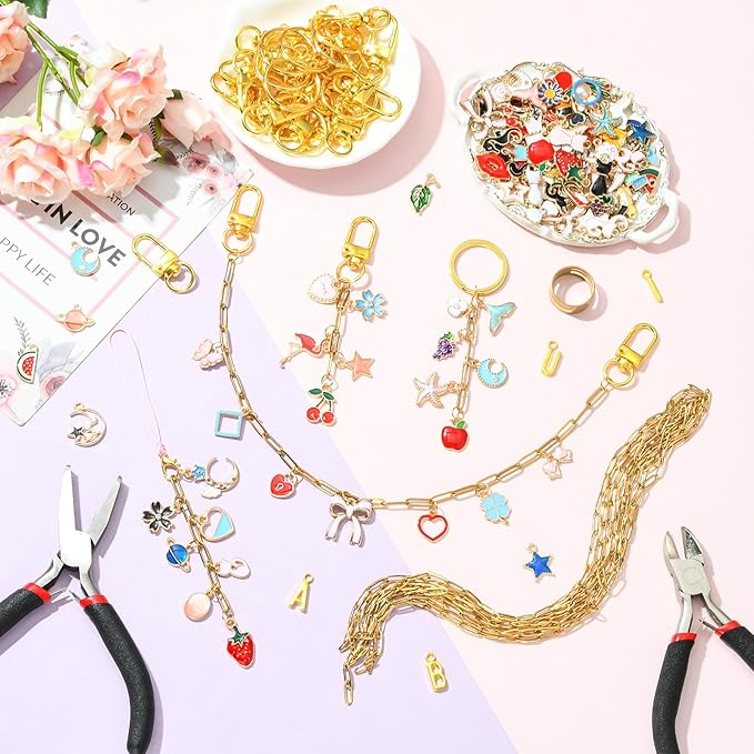 Ornaland 323 Pcs Lip Gloss Keychain Making Kit Jewelry Plier Bracelet Necklace Lanyard Making Kit include Chains Jump Rings Clasps Alloy Enamel Charms for DIY Craft（Golden）