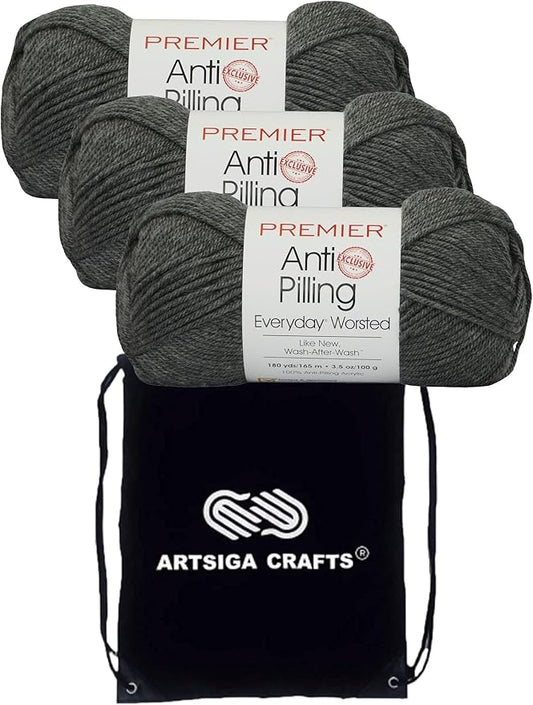 Premier Yarns Everyday Anti-Pilling Solid Charcoal DN100-73 (3-Skeins - Same Dye Lot) #4 Worsted Weight Acrylic Yarn for Crocheting and Knitting with Project Bag