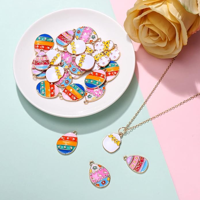 30PCS Easter Charms Enamel Rhinestone Easter Egg Chick Charm for Jewelry Making Cute Colorful Pendants Charms for Necklace Bracelet Earrings DIY Crafts