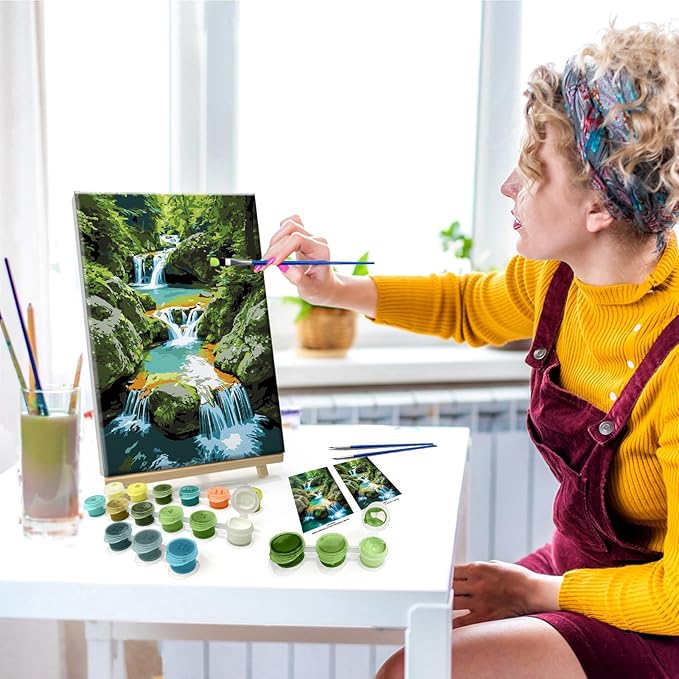 JOOZ Paint by Numbers Kit for Adults with Frame Waterfall Paint by Number with Easel Mountain Adult Paint by Number Kits Framed Canvas DIY Oil Painting Kits for Gift Home Wall Decor 8x12 Inch