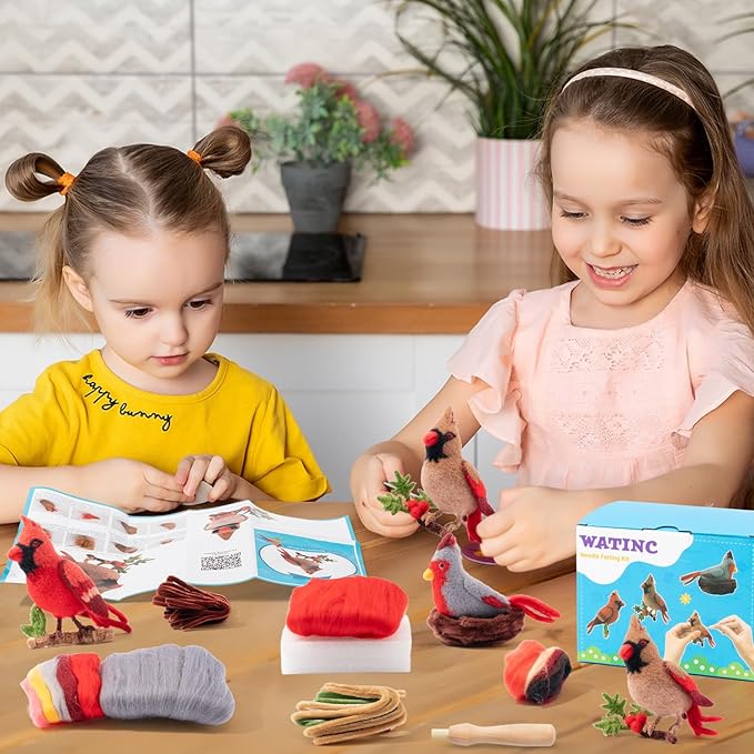 WATINC Needle Felting Kit - 3 Set Unique Different Cute Doll Wool Felt Needle Tools Foam Pad Instruction, DIY Home Decoration Craft Party Supplies for Art Work Starter Beginners (Cardinal)