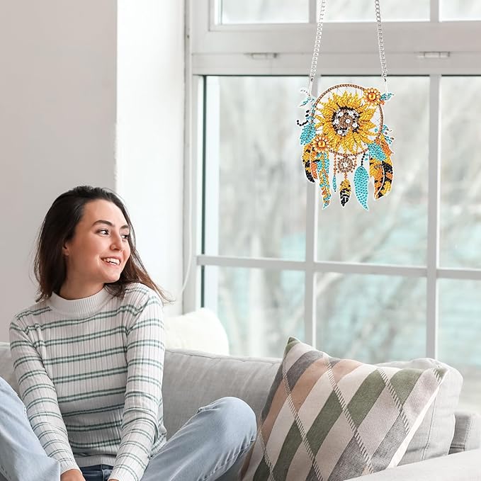 AiYuanzsh Sunflower Dream Catcher Diamond Painting Kit Ornament with Hanging Chain DIY Diamond Art Hanging Pendant Paint by Number Stained Glass Wall Art for Adults Home Wall Decor Gift