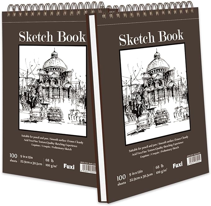 9" x 12" sketch book, top spiral bound sketch pad, 2 packs 100 sheets each (68lb/100gsm), acid free art sketchbook artistic drawing painting writing paper for kids adults beginners artists