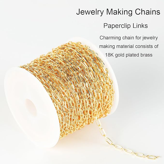 Jabogrii 32.8 Feet Gold Plated Brass Paperclip Jewelry Chains Roll Oval Link Necklace Bracelet DIY Craft Chain Bulk for Jewelry Making