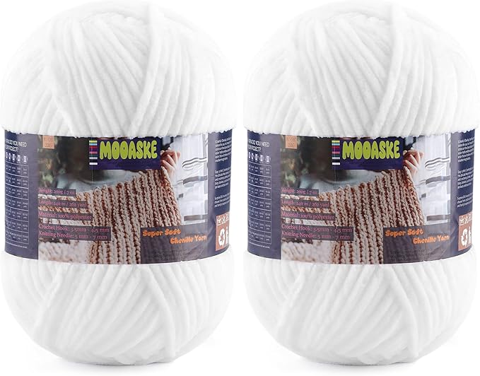 Chunky Velvet Yarn for Crocheting, 2-Pack 14.1oz 524.8 Yards Total, Super Soft Chenille Plush Yarn for Baby Blankets, Amigurumi, Scarves | 20 Colors (2, White)