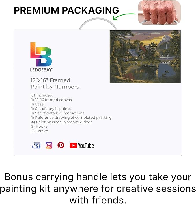 Ledgebay DIY Paint by Numbers Kit for Adults Framed Canvas Beginner to Advanced Paint by Numbers Kit Kits Include Acrylic Paint Set Brushes Tabletop Easel (Mountain Paradise 12" x 16" Framed)