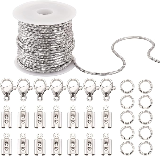 Pandahall 16.4 Ft 2mm Stainless Steel Snake Chains with 50Pcs Jump Ring 10Pcs Lobster Claw Clasps 30Pcs Folding Crimp Ends Jewelry Making Kits for Chain Necklace DIY
