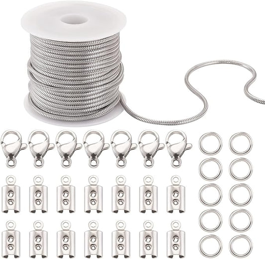 Pandahall 16.4 Ft 2mm Stainless Steel Snake Chains with 50Pcs Jump Ring 10Pcs Lobster Claw Clasps 30Pcs Folding Crimp Ends Jewelry Making Kits for Chain Necklace DIY
