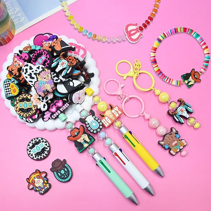 Silicone Focal Beads for Pens Cow Accessory Kit 60 Pcs Colorful Round Beads for Keychain Making Bracelet Necklace Handmade Crafts