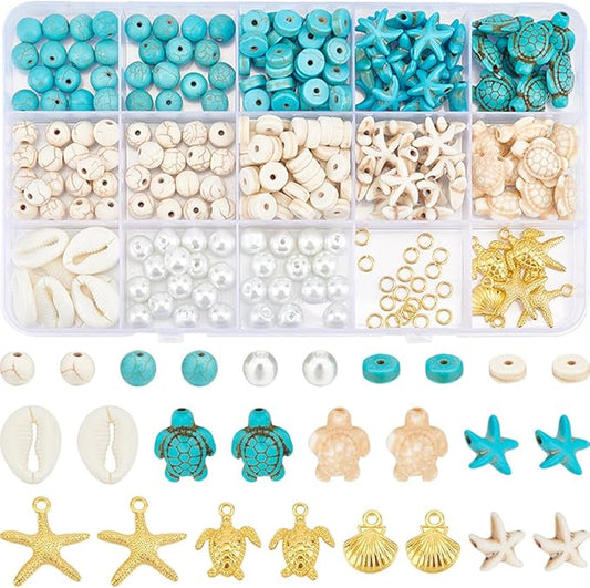SUNNYCLUE 1 Box 292Pcs Sea Turtle Beads Seashell Starfish Beads Lucky Turquoise Spacers Ocean Summer Hawaii Sea Animal Shell Charms for Jewelry Making Beading Kits Women Adult Gift Supplies